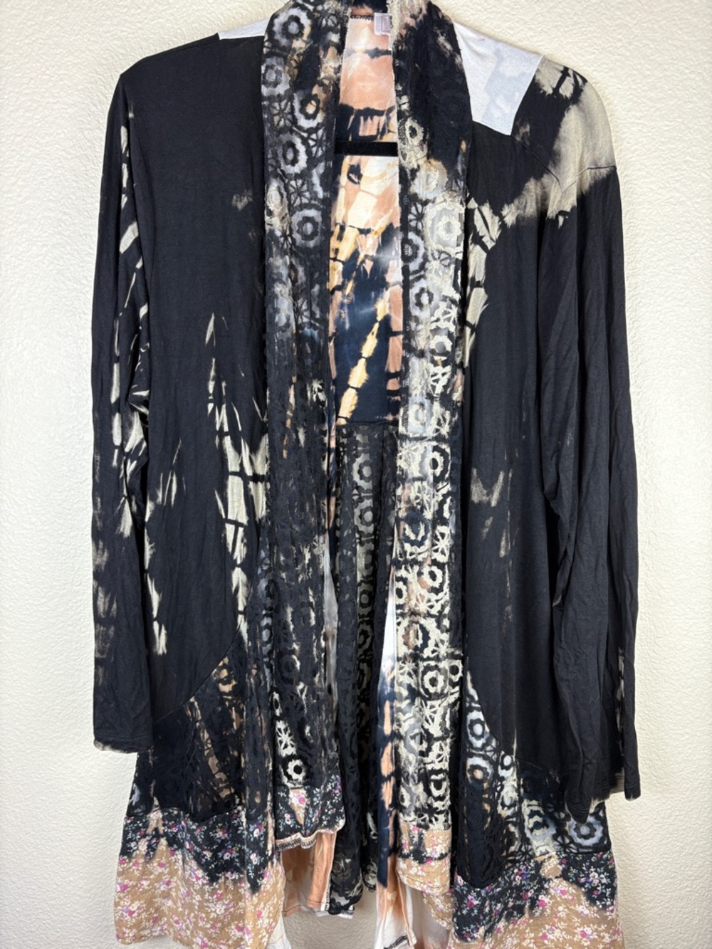 Kamana Boho Open Cardigan Black Lace Floral Detail Tie-Dye Festival 1X